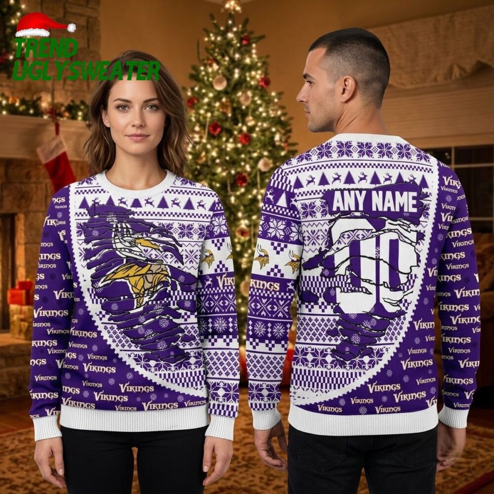 minnesota vikings snowman custom name and number ugly christmas sweater