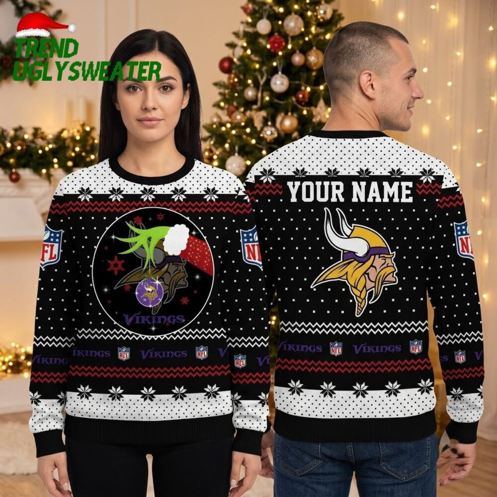 minnesota vikings viking mascot personalized custom name ugly christmas sweater