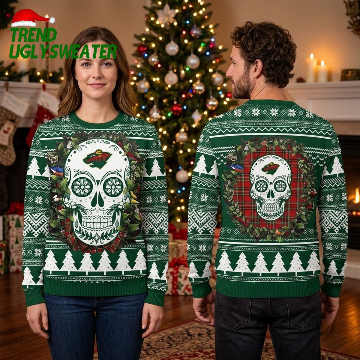 minnesota wild floral sugar skull ugly christmas sweater minnesota wild floral sugar skull ugly christmas sweater