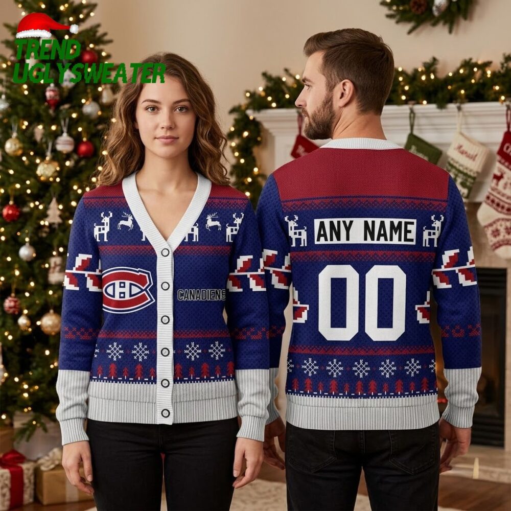 montreal canadiens elk pattern custom name and number ugly christmas sweater