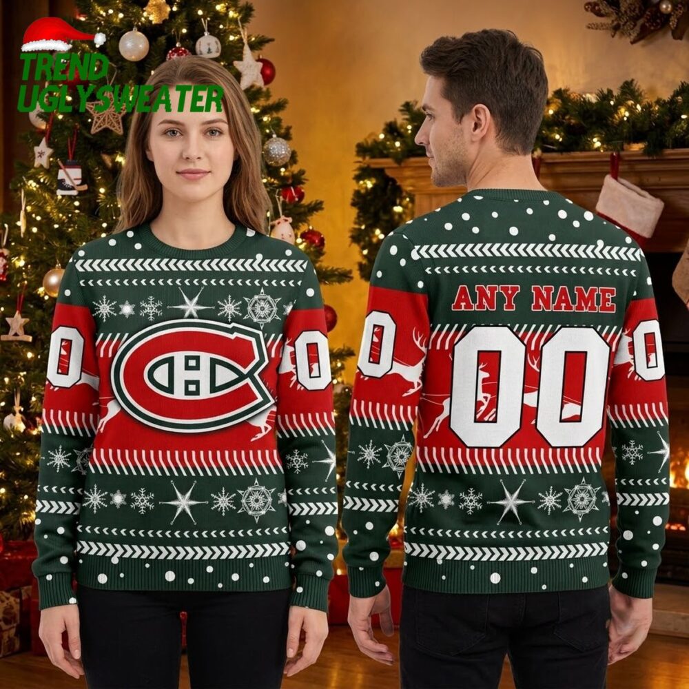 montreal canadiens logo snowflake personalized custom name and number ugly christmas sweat