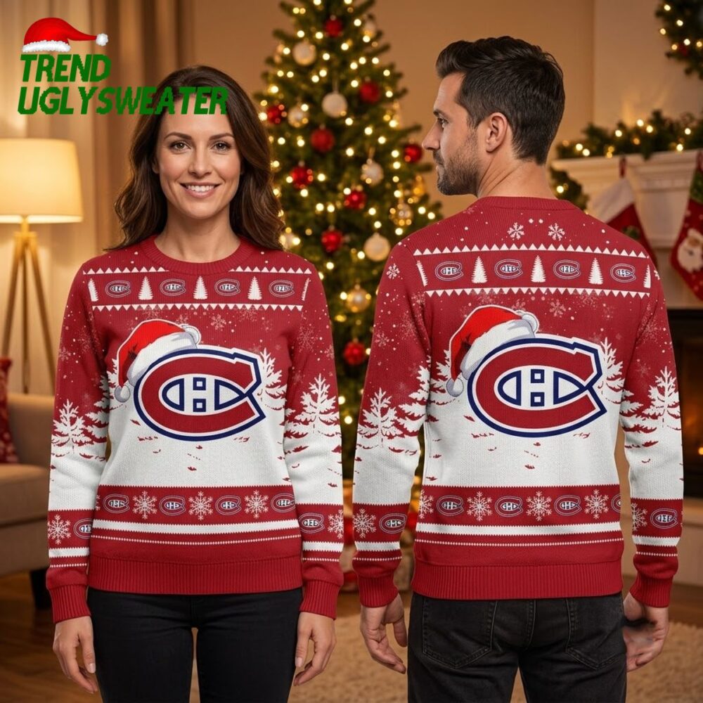 montreal canadiens santa hat logo snowflake ugly christmas sweater