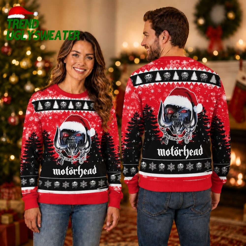 motorhead red black snaggletooth skull santa hat snowflake trees pattern ugly christmas sw