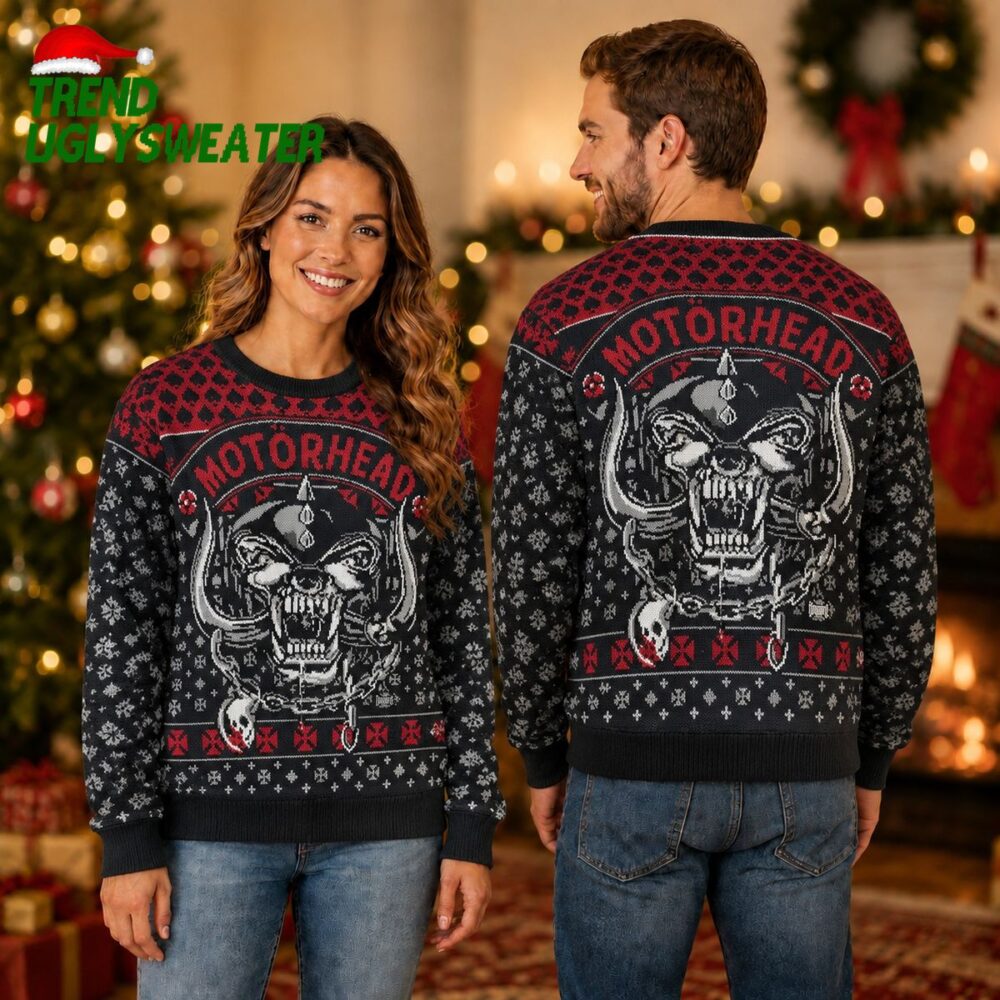 motorhead snaggletooth skull chain spades crosses pattern 2026 holiday ugly christmas swea