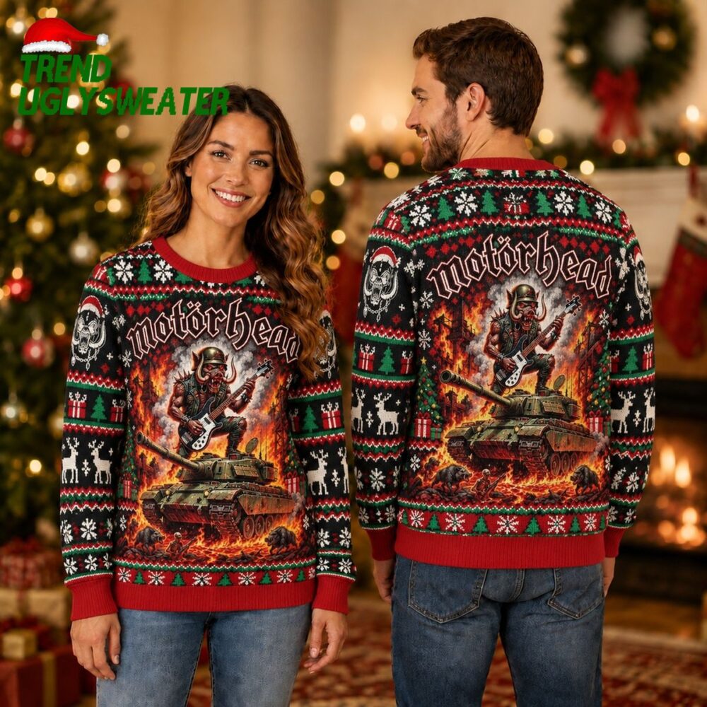 motorhead warpig playing guitar on tank fire battlefield reindeer trees pattern ugly chris