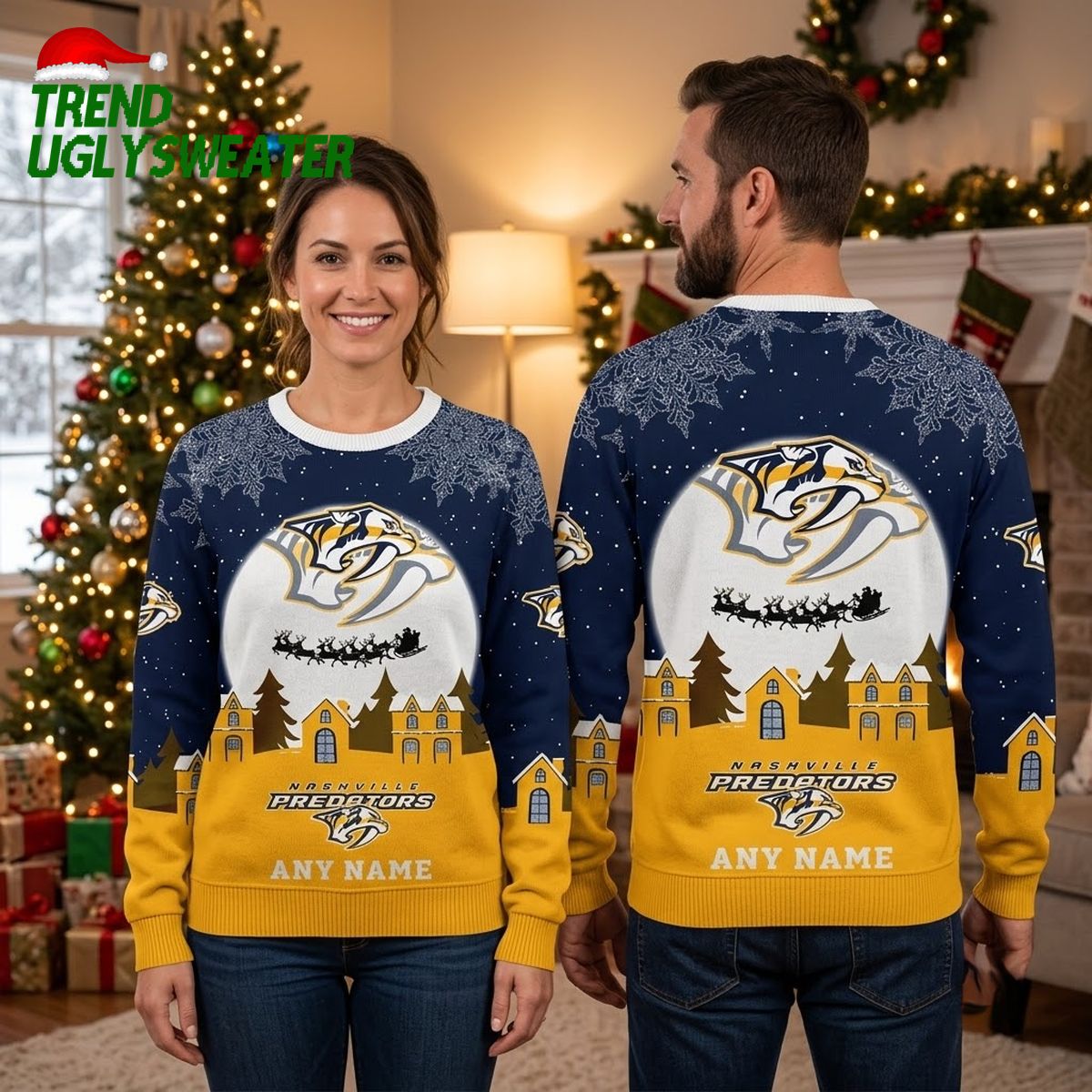 nashville predators santa sleigh logo personalized any name ugly christmas sweater nashville predators santa sleigh logo personalized any name ugly christmas sweater
