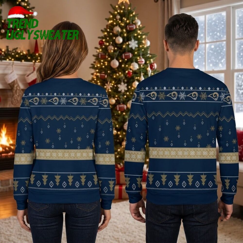 navy blue snowflake and christmas tree pattern ugly christmas sweater