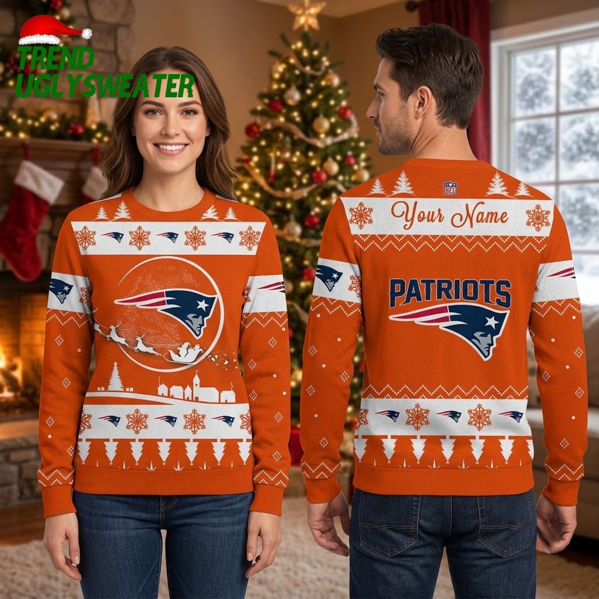 new england patriots santa sleigh custom name ugly christmas sweater new england patriots santa sleigh custom name ugly christmas sweater