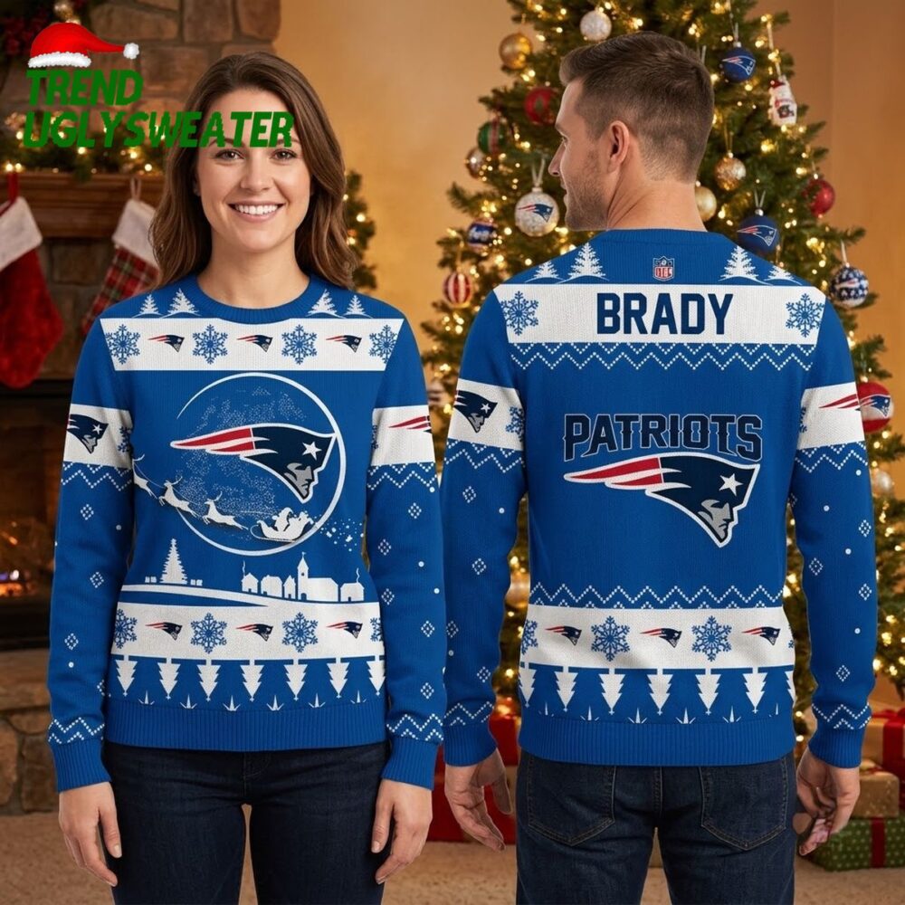 new england patriots santa sleigh logo custom name ugly christmas sweater