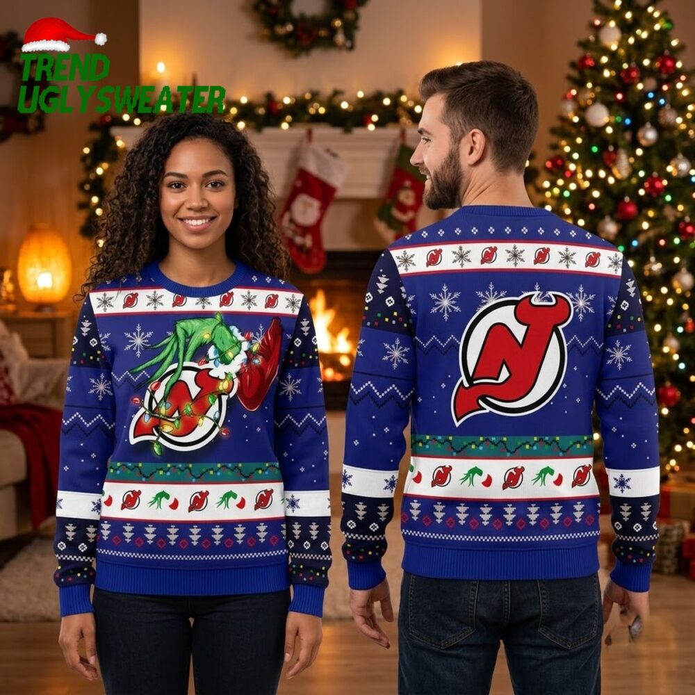 new jersey devils grinch hand holding logo ugly christmas sweater