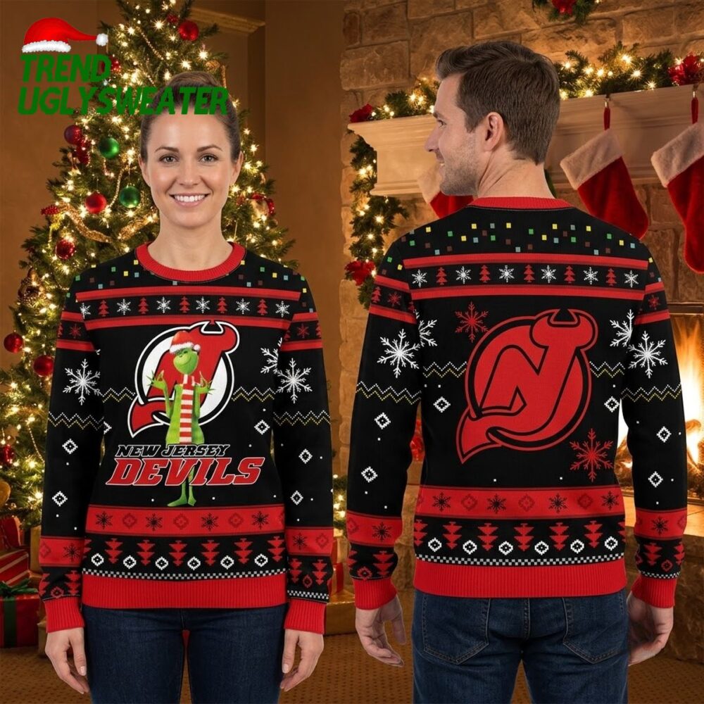 new jersey devils grinch santa hat black ugly christmas sweater