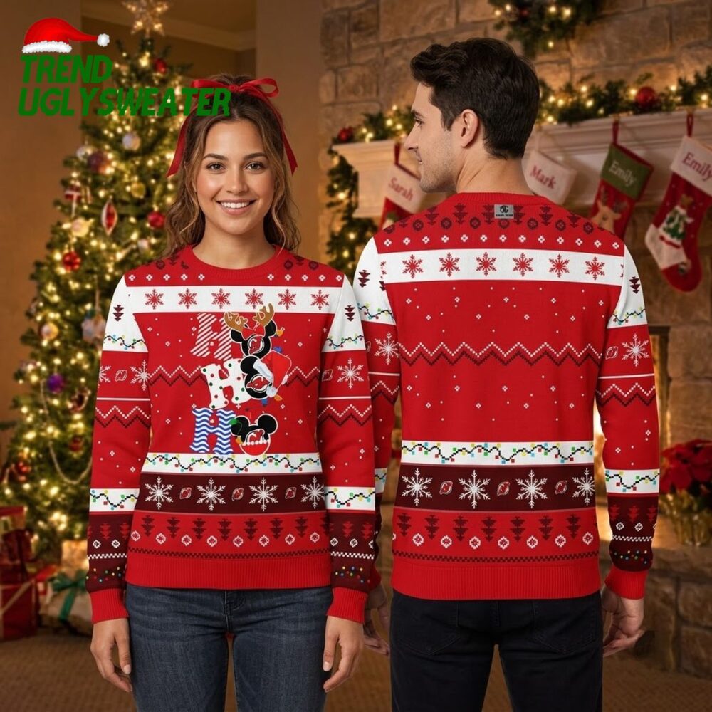 new jersey devils mickey mouse christmas character ugly christmas sweater