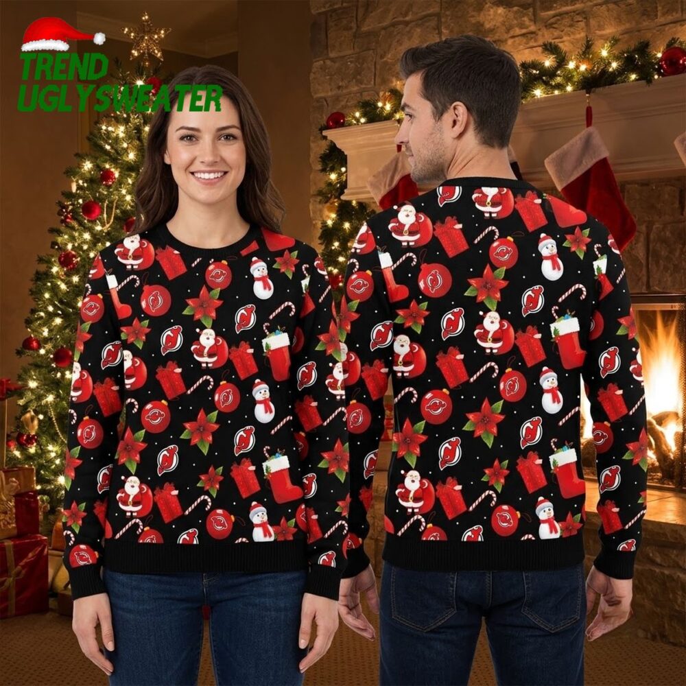 new jersey devils santa and snowman pattern ugly christmas sweater