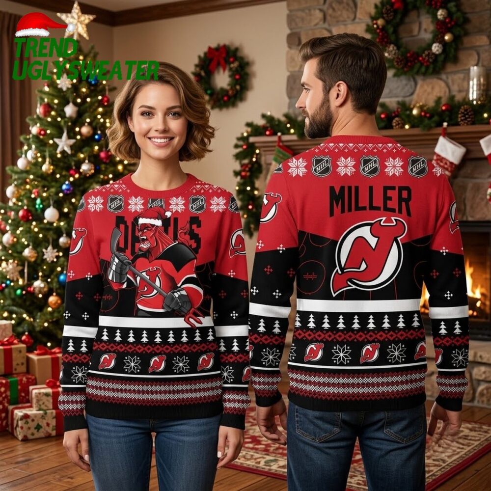 new jersey devils santa hat hockey mascot custom name ugly christmas sweater