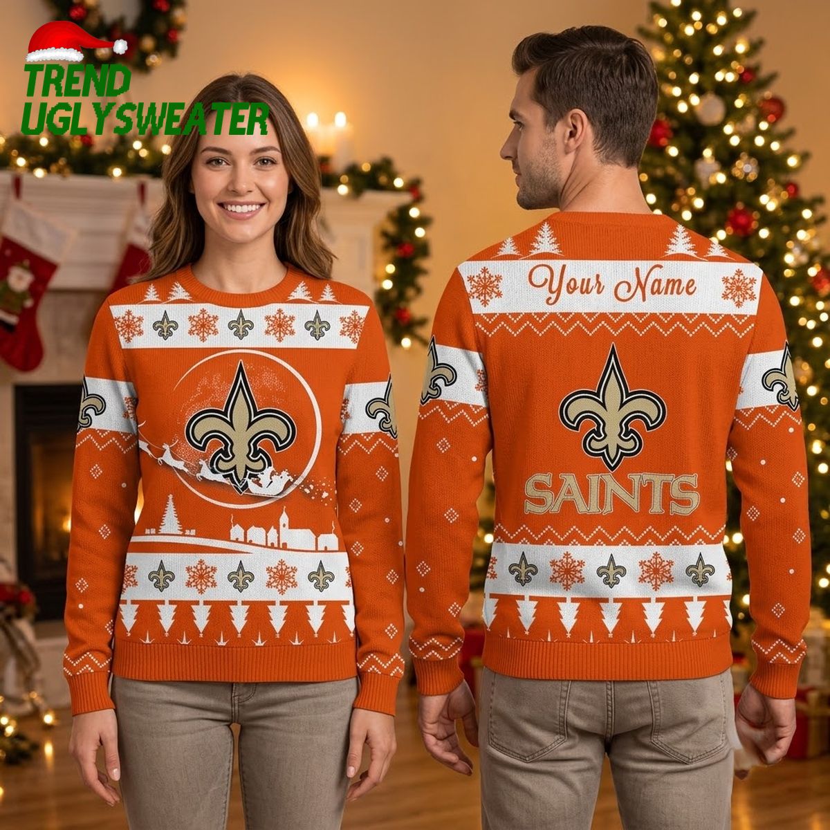 new orleans saints fleur de lis custom name orange ugly christmas sweater new orleans saints fleur de lis custom name orange ugly christmas sweater