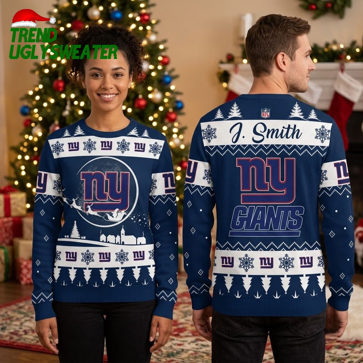 new york giants custom name santa sleigh logo ugly christmas sweater new york giants custom name santa sleigh logo ugly christmas sweater