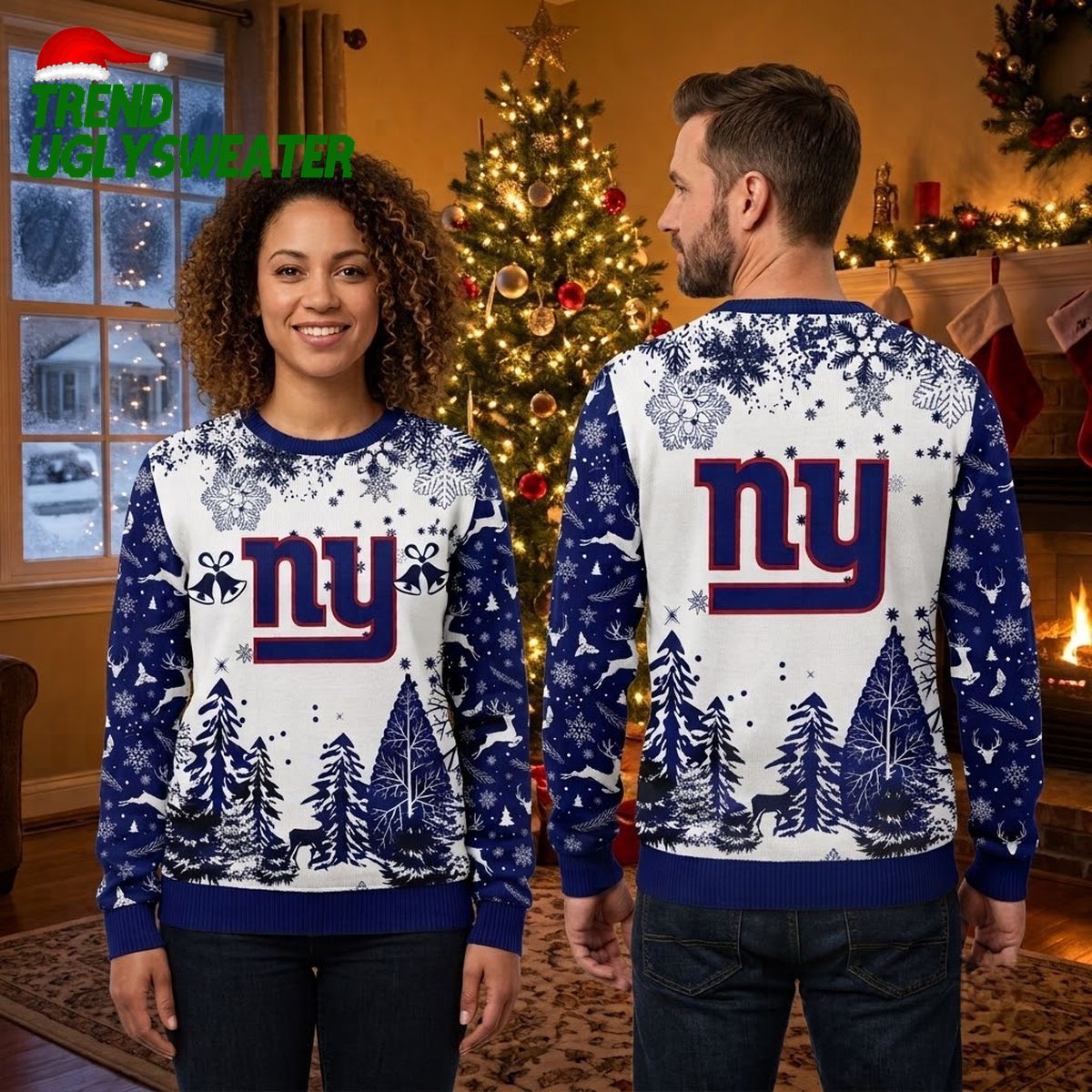 new york giants logo snowflake and winter forest ugly christmas sweater new york giants logo snowflake and winter forest ugly christmas sweater