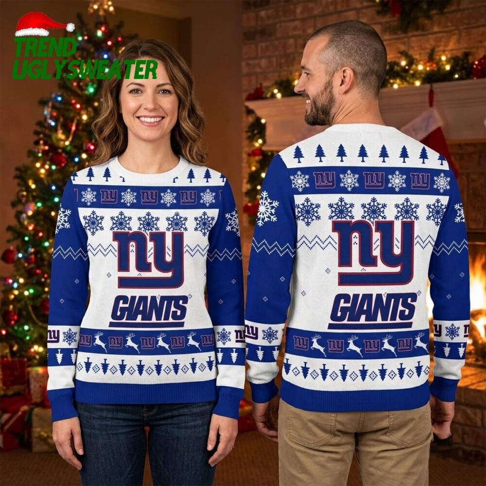 new york giants snowflake and evergreen pattern ugly christmas sweater
