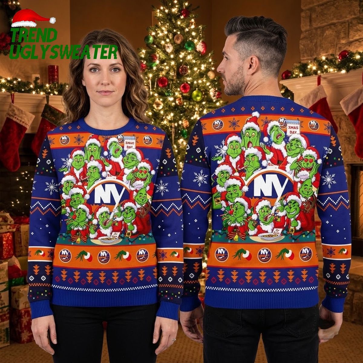 new york islanders grinch characters santa hats ugly christmas sweater new york islanders grinch characters santa hats ugly christmas sweater
