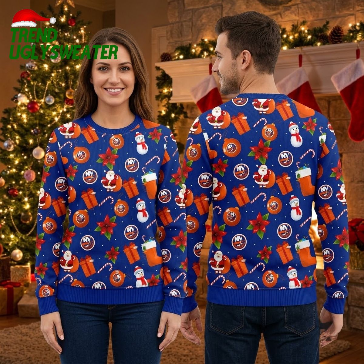 new york islanders santa claus and snowman pattern ugly christmas sweater new york islanders santa claus and snowman pattern ugly christmas sweater