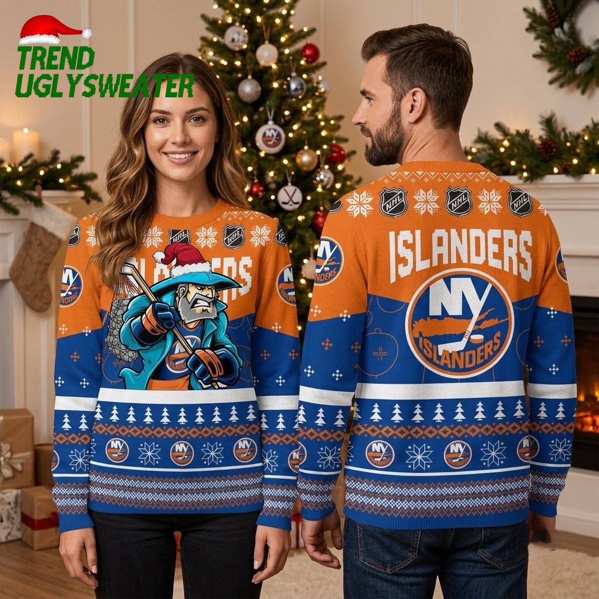 new york islanders santa hat hockey mascot custom name ugly christmas sweater new york islanders santa hat hockey mascot custom name ugly christmas sweater