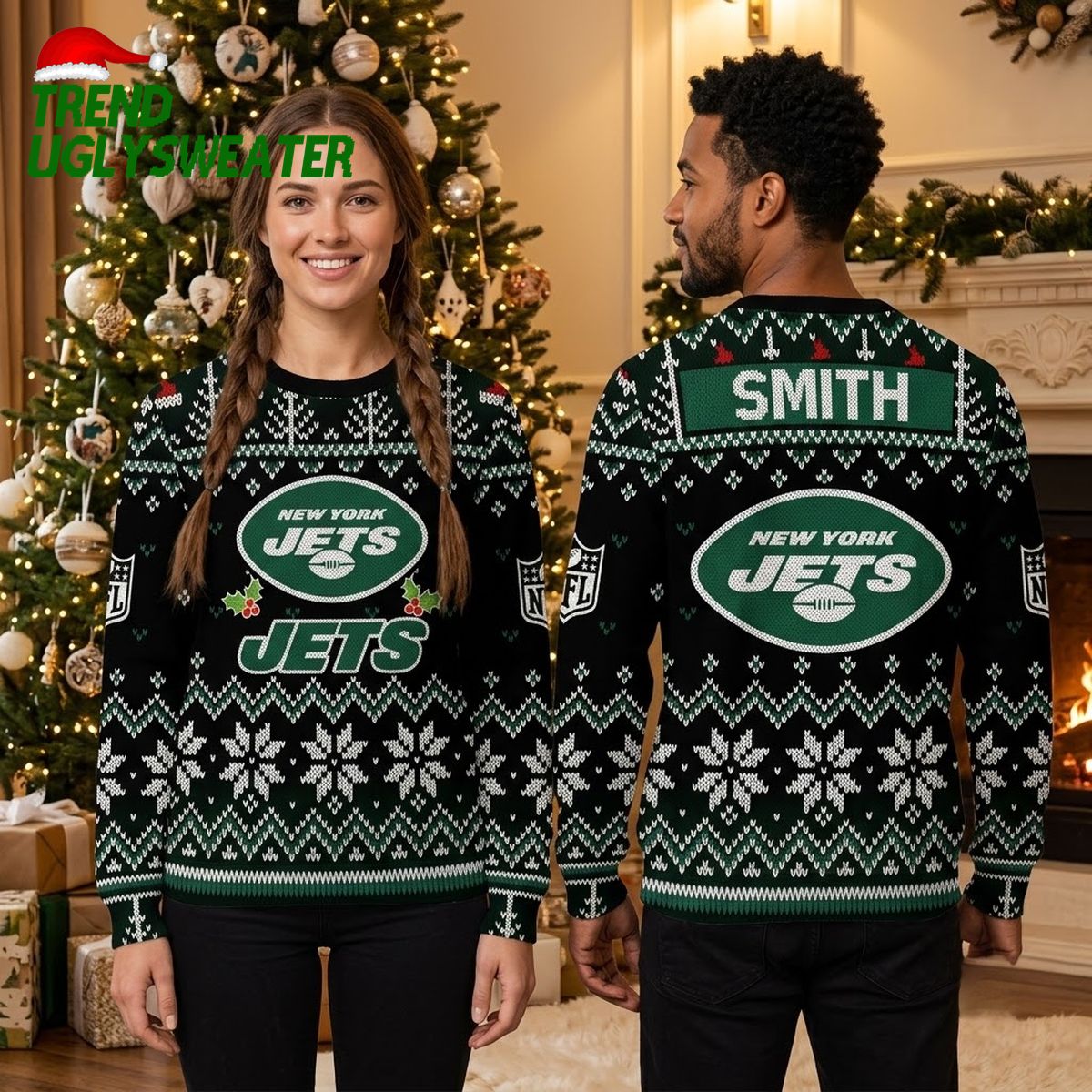 new york jets custom name snowflake ugly christmas sweater new york jets custom name snowflake ugly christmas sweater