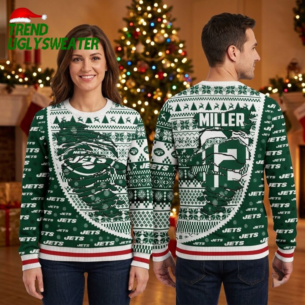 new york jets santa claus custom name ugly christmas sweater