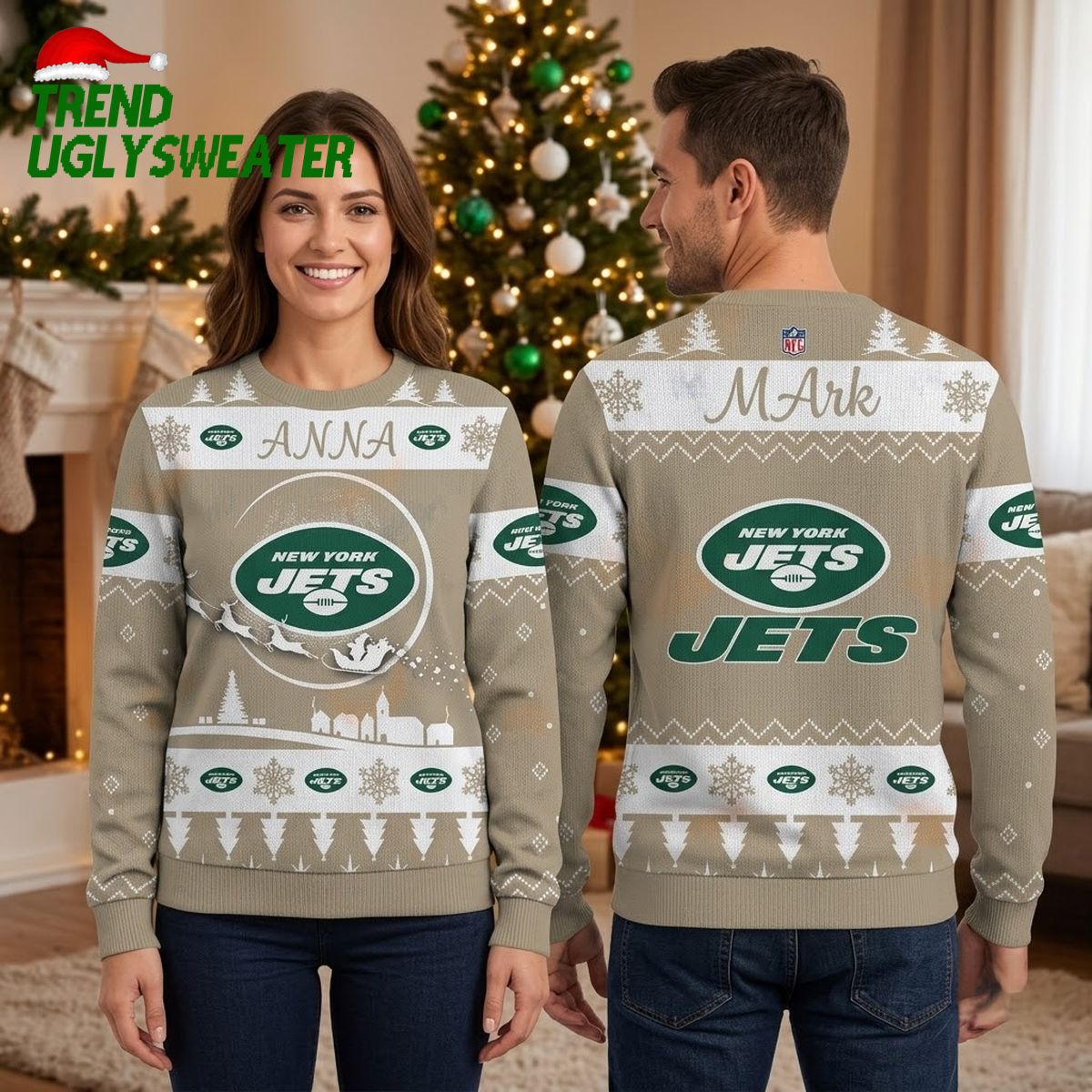 new york jets santa sleigh name ugly christmas sweater new york jets santa sleigh name ugly christmas sweater