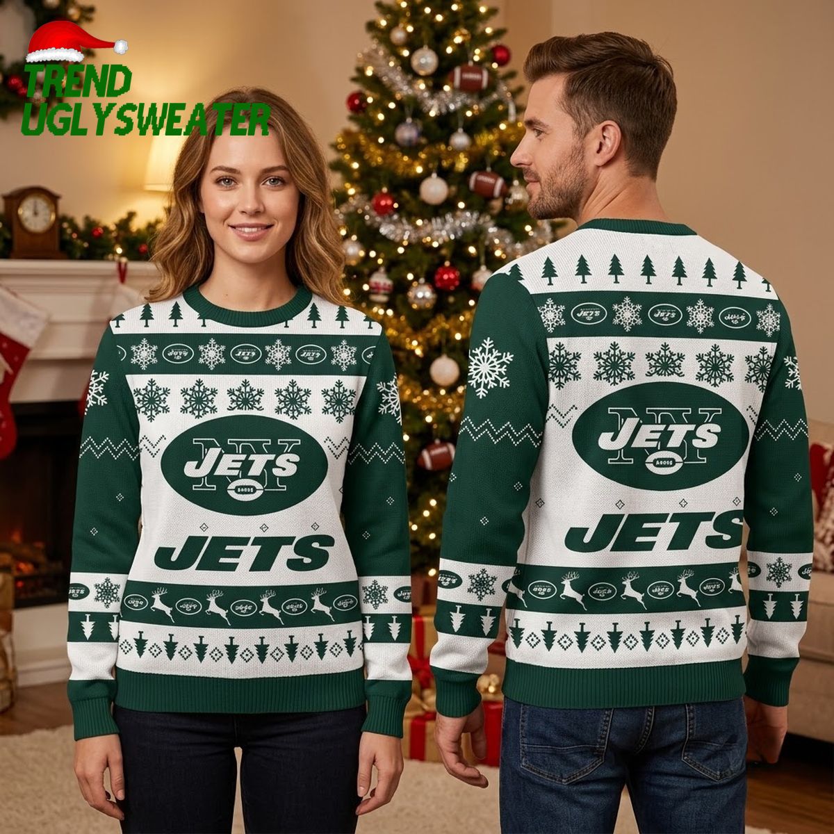 new york jets snowflake reindeer pattern ugly christmas sweater new york jets snowflake reindeer pattern ugly christmas sweater
