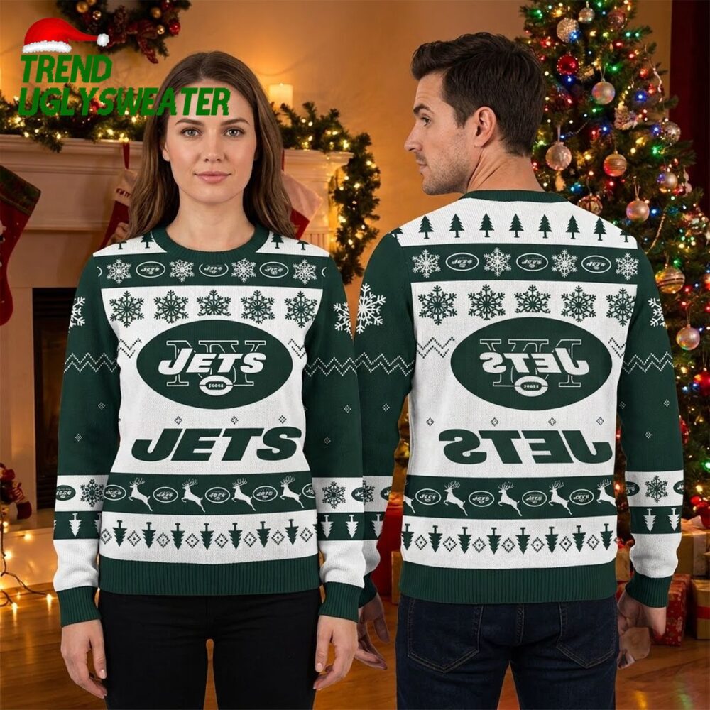 new york jets snowflakes reindeer and football ugly christmas sweater