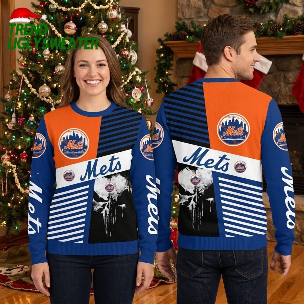 new york mets bold stripes logo orange and blue ugly christmas sweater