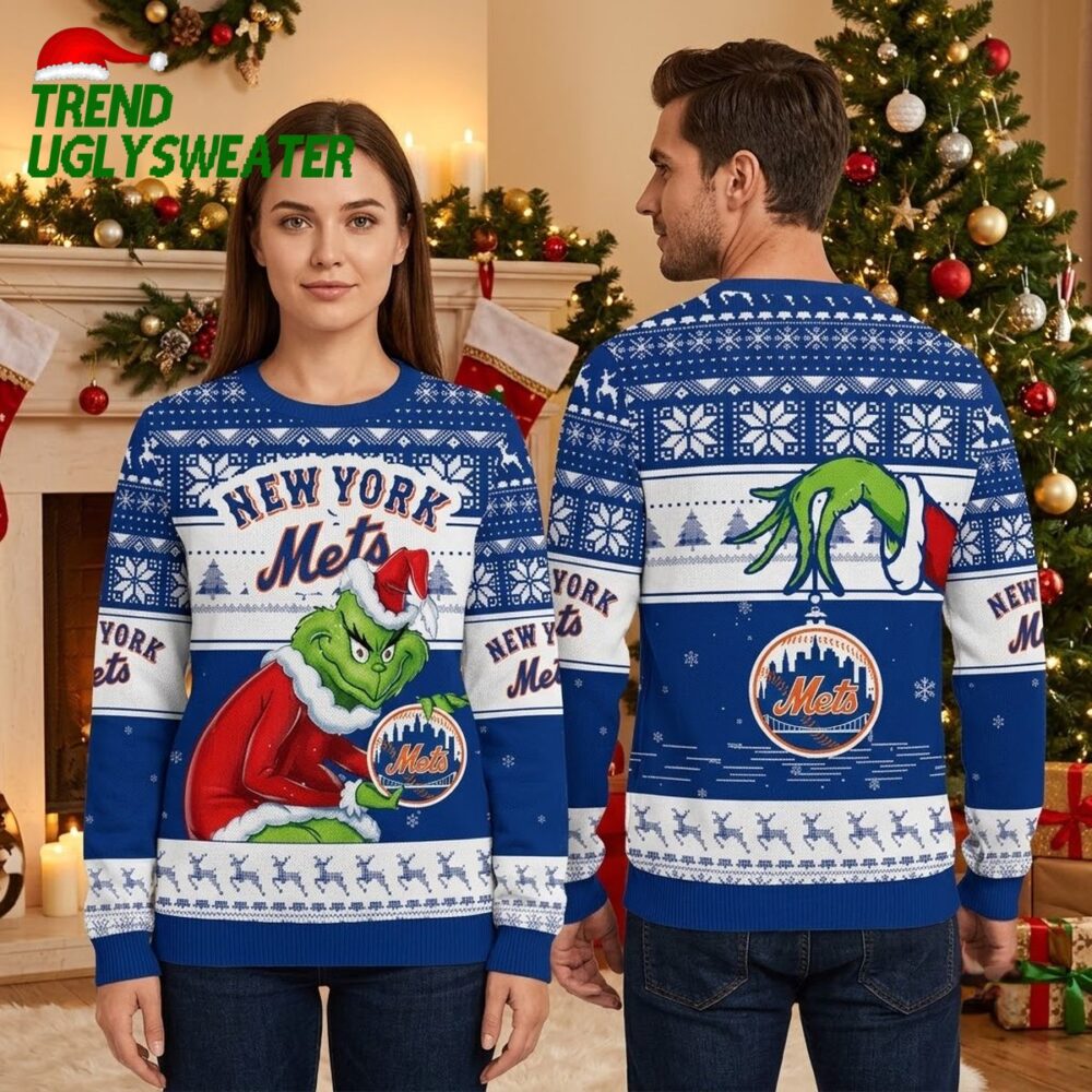 new york mets grinch hugging logo blue ugly christmas sweater