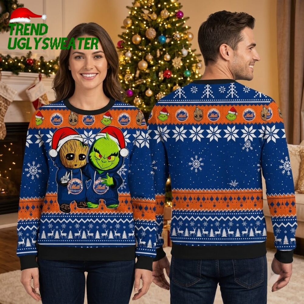 new york mets groot and grinch santa hats ugly christmas sweater
