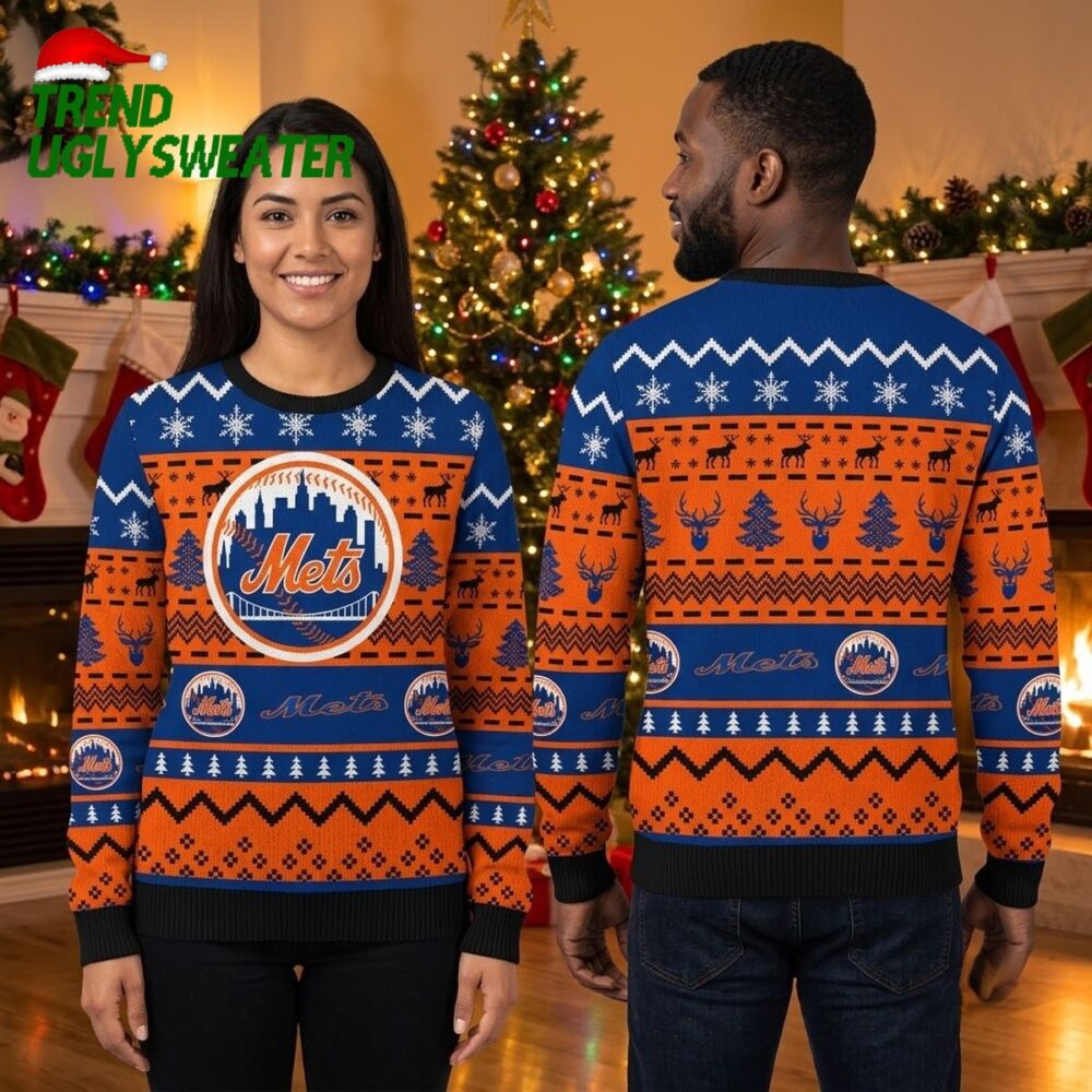 new york mets logo snowflake and reindeer pattern blue and orange ugly christmas sweater