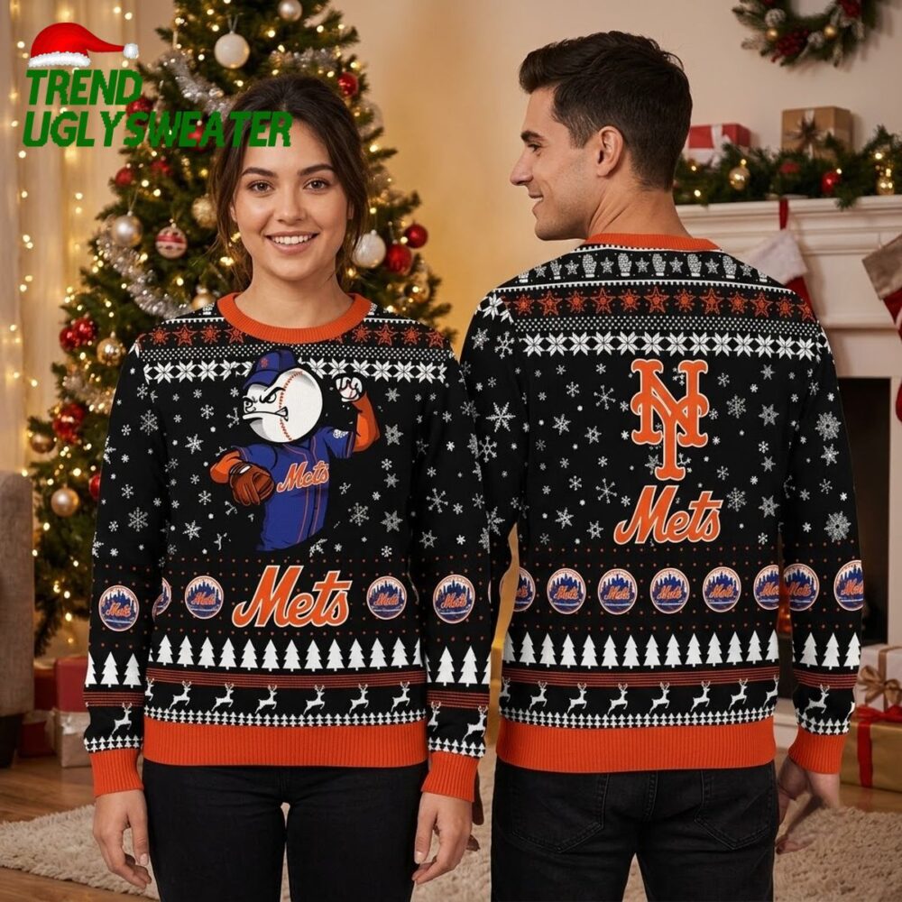 new york mets mr met mascot snowflake pattern black ugly christmas sweater