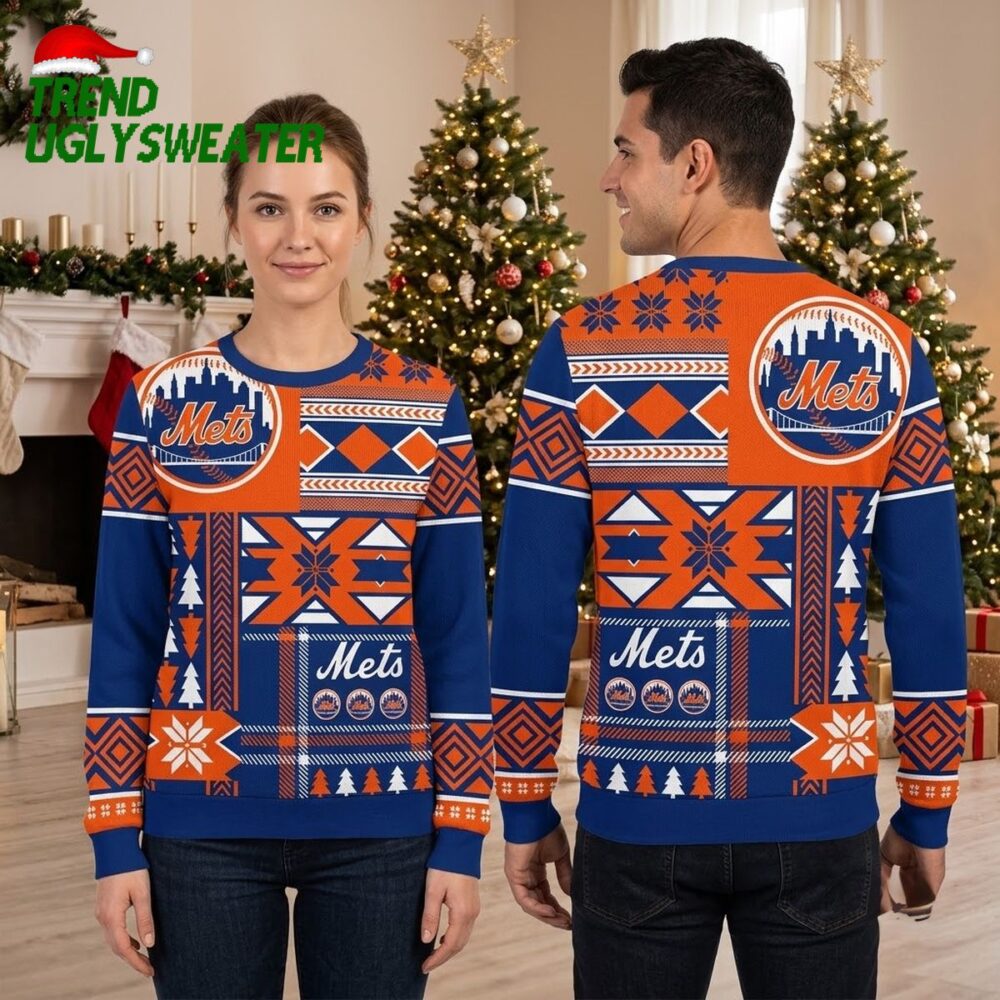 new york mets retro geometric snowflake pattern ugly christmas sweater