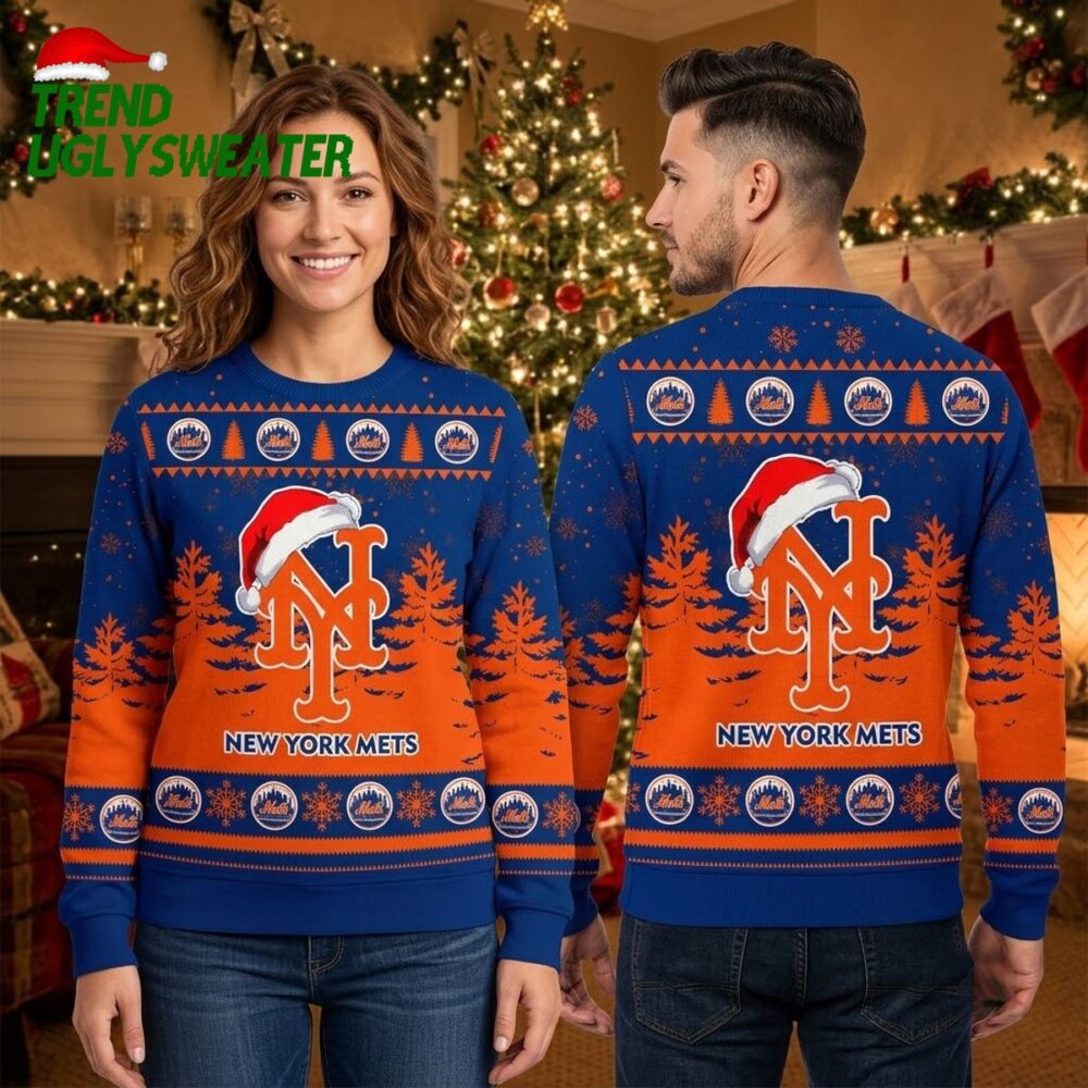 new york mets santa hat logo and christmas trees ugly christmas sweater