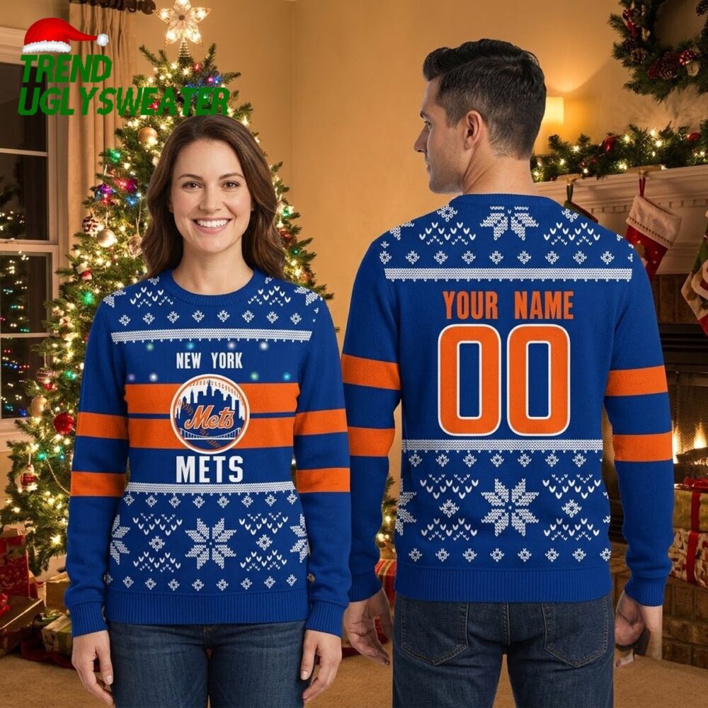 new york mets snowflake pattern personalized name and number ugly christmas sweater