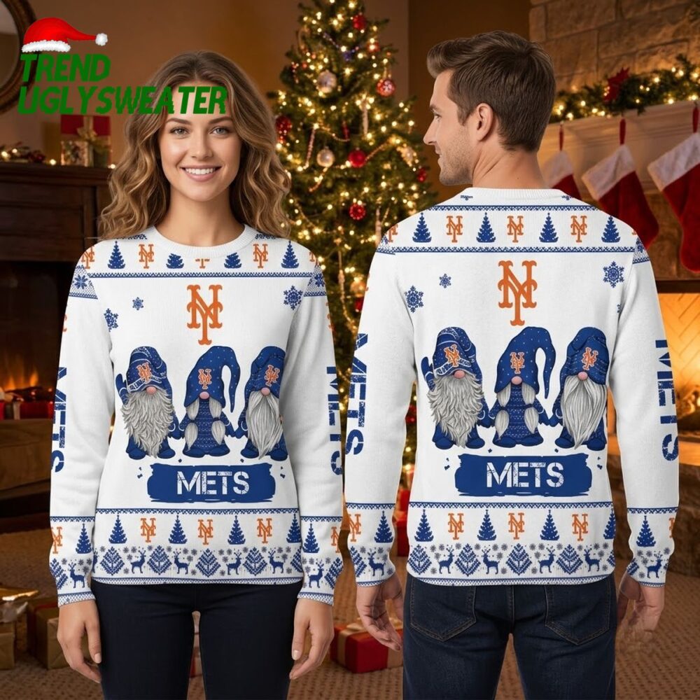 new york mets three gnomes snowflake pattern ugly christmas sweater