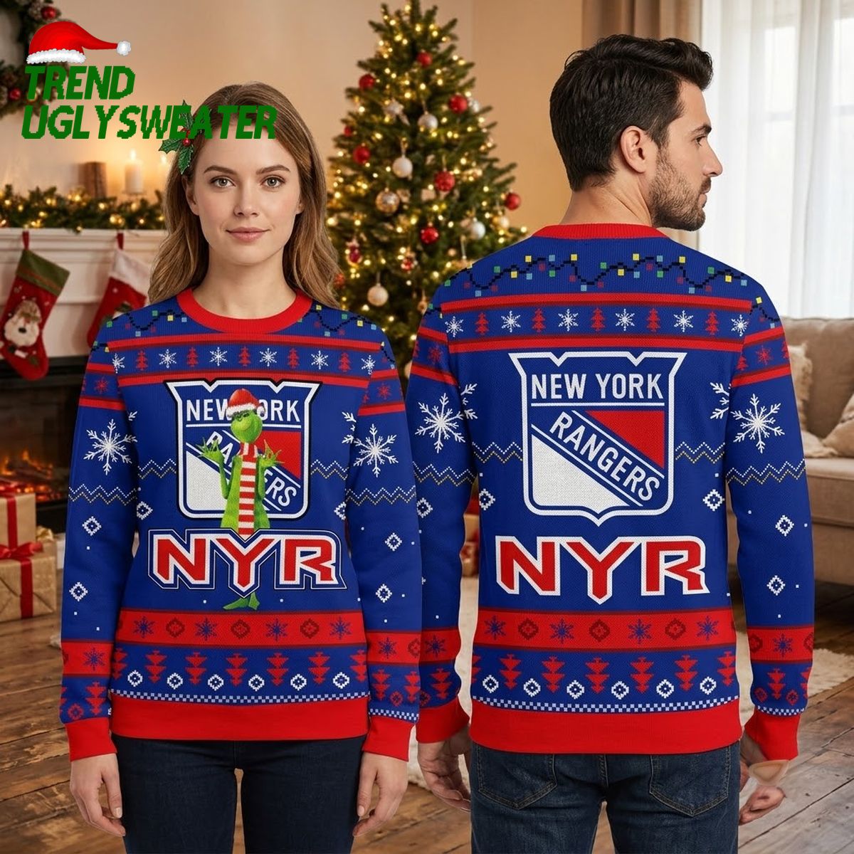 new york rangers grinch logo snowflake ugly christmas sweater new york rangers grinch logo snowflake ugly christmas sweater