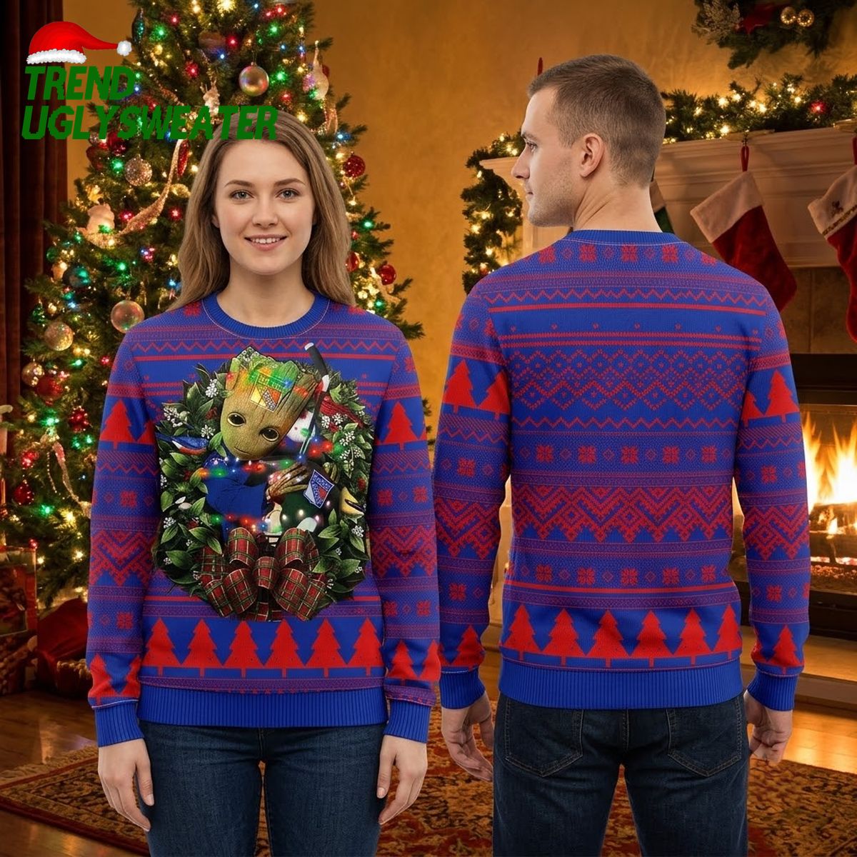 new york rangers groot hugging christmas wreath ugly christmas sweater new york rangers groot hugging christmas wreath ugly christmas sweater