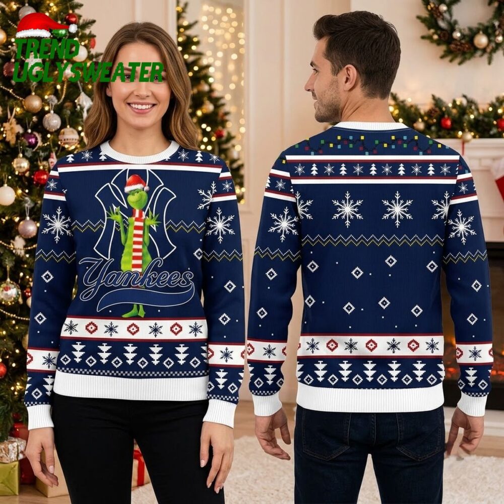 new york yankees grinch santa hat navy blue ugly christmas sweater