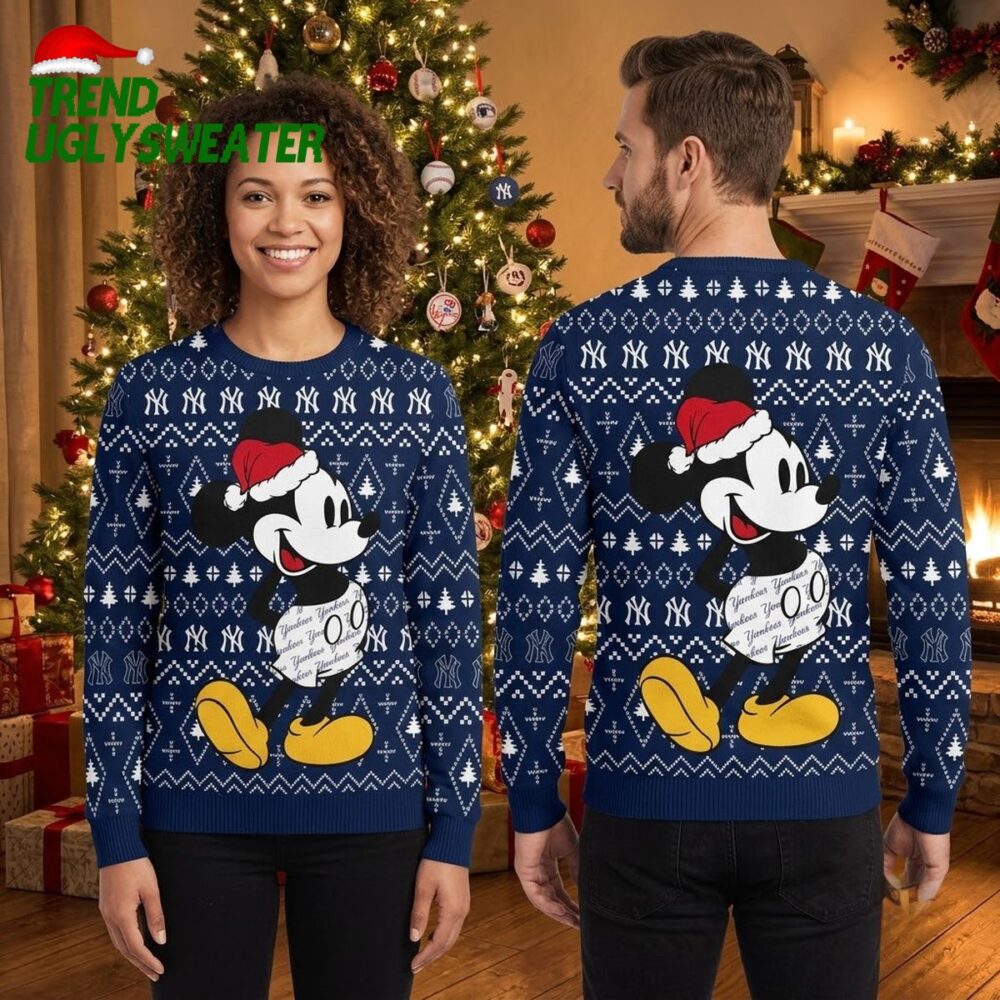 new york yankees mickey mouse santa hat navy blue ugly christmas sweater