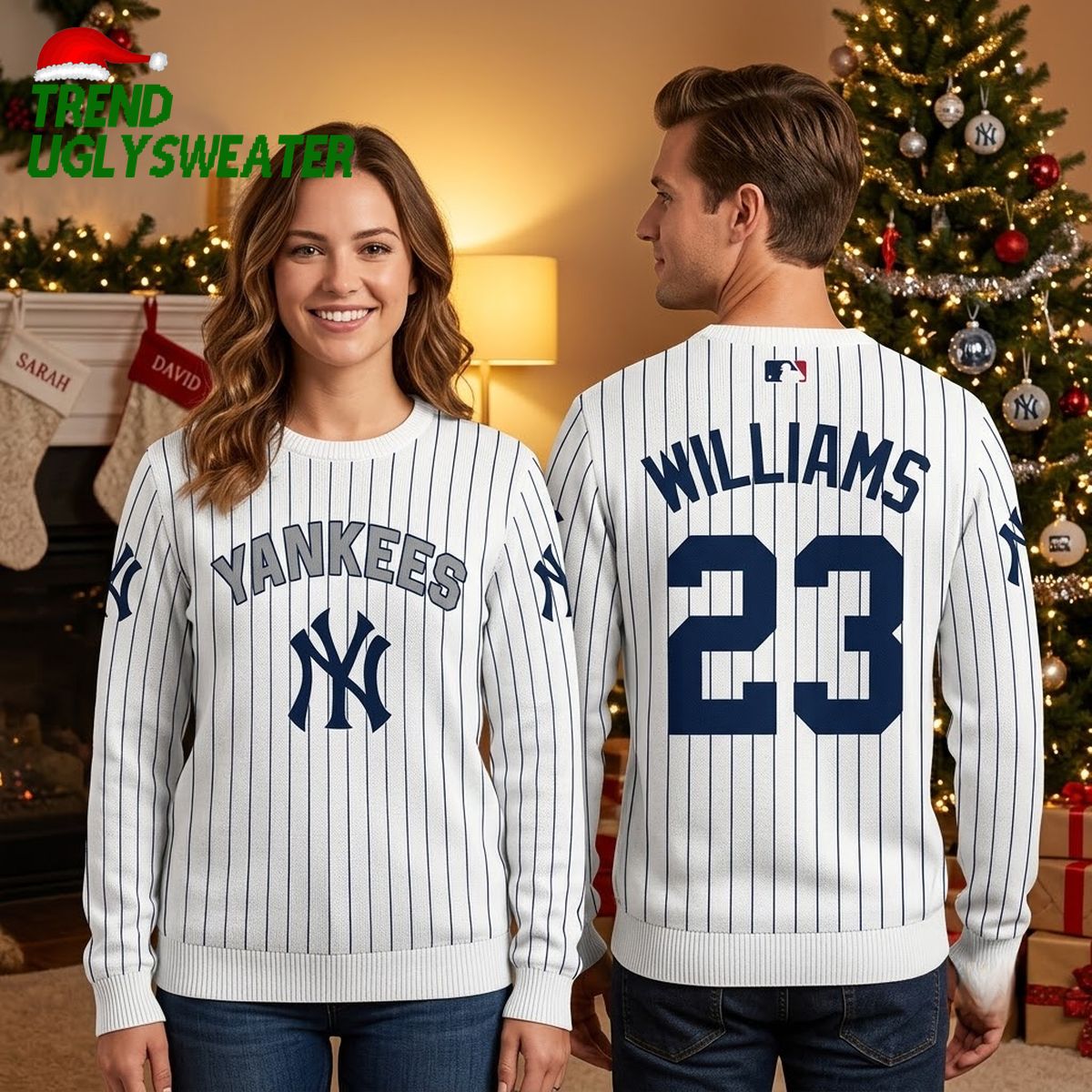 new york yankees personalized pinstripe custom name and number ugly christmas sweater new york yankees personalized pinstripe custom name and number ugly christmas sweater