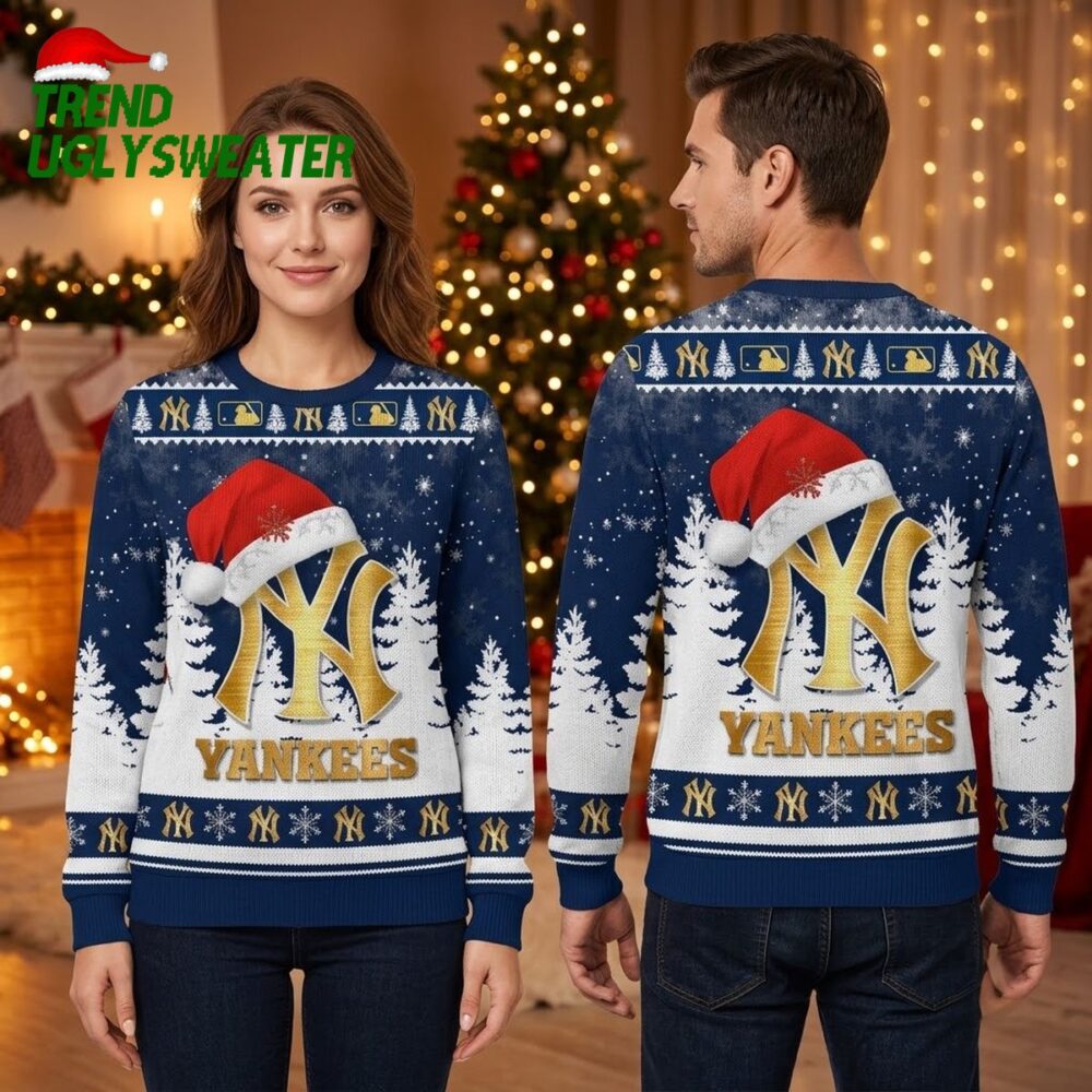 new york yankees santa hat logo snowy navy blue ugly christmas sweater