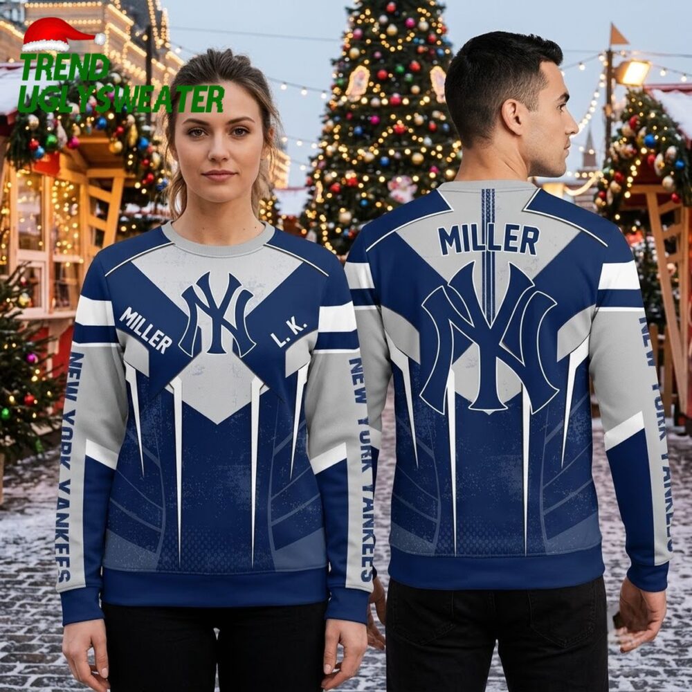 new york yankees sleek arrow custom name navy blue ugly christmas sweater