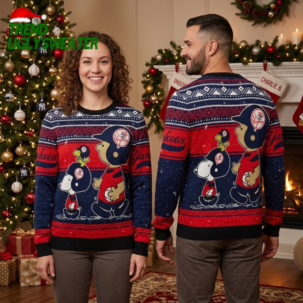 new york yankees snoopy and woodstock baseball navy blue and red ugly christmas sweater