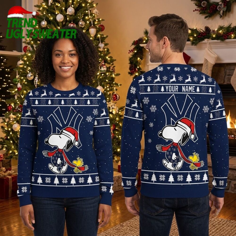 new york yankees snoopy and woodstock custom name navy blue ugly christmas sweater