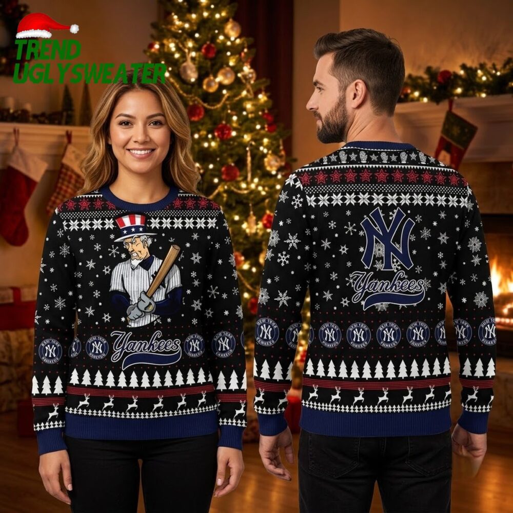 new york yankees uncle sam baseball player snowflake black ugly christmas sweater