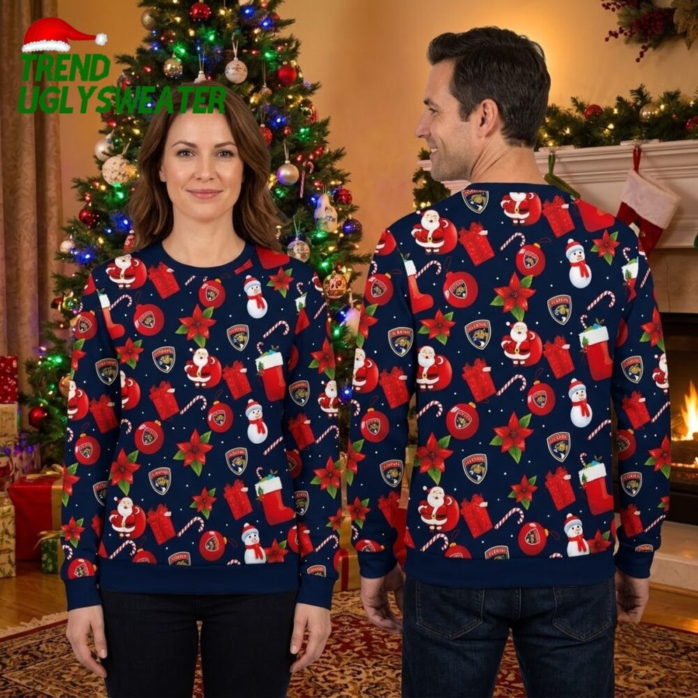 nhl florida panthers ugly sweater santa claus snowman ugly christmas sweater